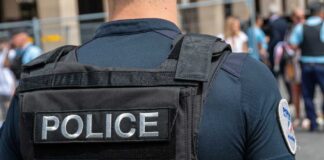 Police officer with badge and vest facing away.
