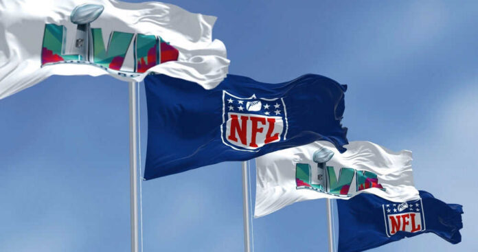 nflid2230740257jpg Four flags with NFL and Super Bowl LVII logos.