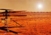 Mars helicopter on a dusty red landscape with sun