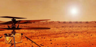 Mars helicopter on a dusty red landscape with sun