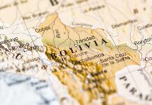 Close-up of a map highlighting Bolivia