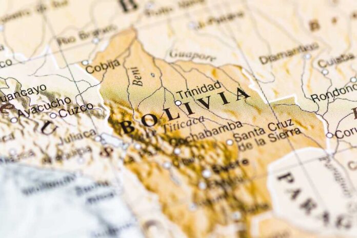 Close-up of a map highlighting Bolivia