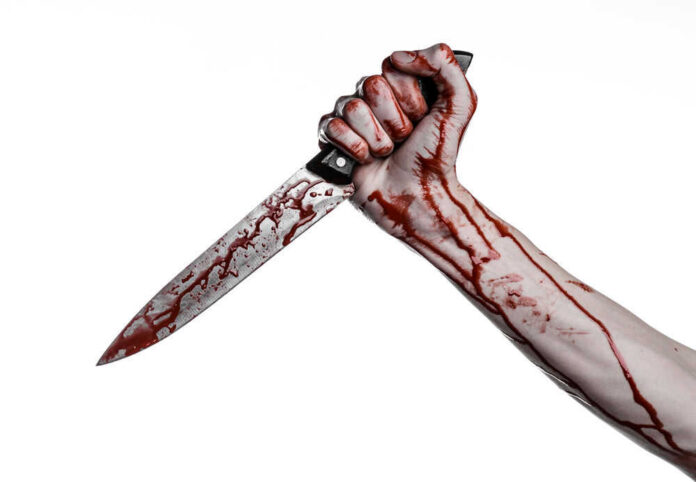 Bloody hand holding blood-stained knife.