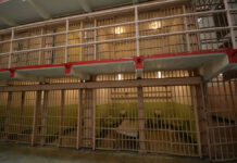 Prison cell block interior with barred doors and dull lighting.