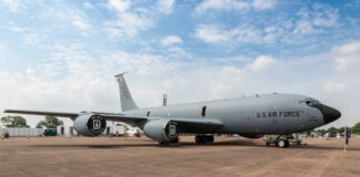 A U.S. Air Force military aircraft displayed at an airshow