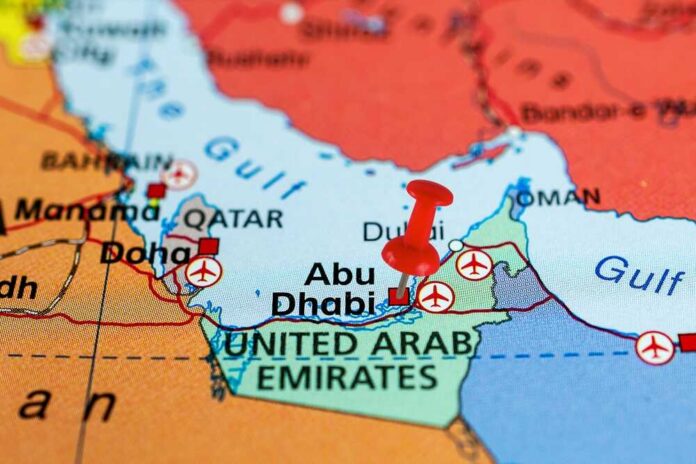 Map highlighting Abu Dhabi with a red pin