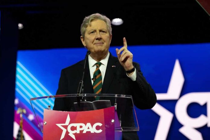 A politician delivering a speech at a CPAC conference