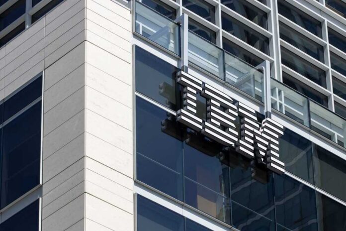 Close-up of the IBM logo on a modern corporate building