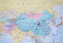 Map of Asia highlighting China with a red location pin