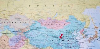 Map of Asia highlighting China with a red location pin