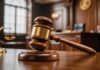 A wooden gavel resting on a courtroom table with a scale of justice in the background