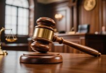 A wooden gavel resting on a courtroom table with a scale of justice in the background