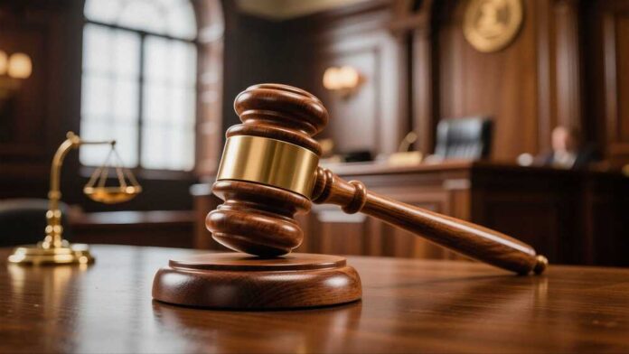 A wooden gavel resting on a courtroom table with a scale of justice in the background
