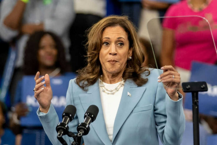 Woman in light blue blazer speaking at podium with microphones