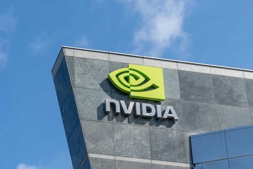 nvidia2358338455 Nvidia logo on building against blue sky