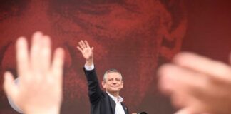 Person waving Turkish flag in a crowd