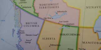 Map showing the provinces of British Columbia, Alberta, and Saskatchewan in Canada