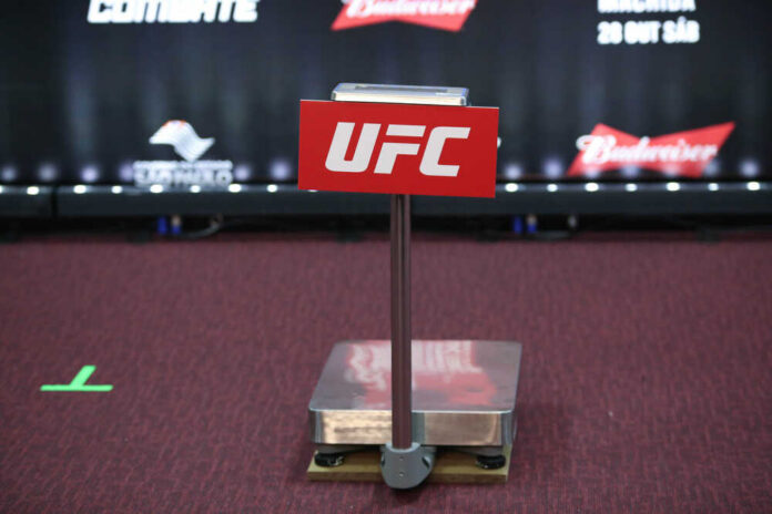 São,Paulo,,São,Paulo,,Brazil,,October,28,,2017.,Ufc,Fight UFC weighing scale with promotional signage in the background