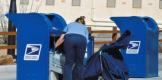Postal worker loading mail into a blue USPS collection box