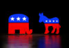 Senators Demand Slogan, Nominee Won’t Bite Red and blue elephant and donkey symbols dark background