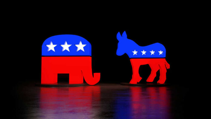 republican-democrat-718479286 Red and blue elephant and donkey symbols dark background