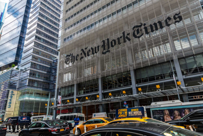 New,York,City,,Usa,-,August,2,,2018:,Facade,Of The New York Times building facade with logo on metal screen
