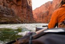 Hiker overlooking expansive canyon landscape