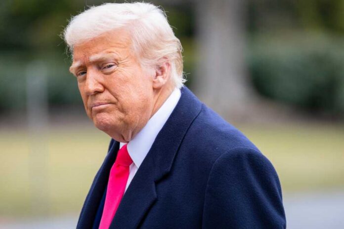 Washington,,February,22,,2025:,President,Donald,Trump,Arrives,At A political figure with a serious expression, wearing a dark coat and a bright tie, outdoors