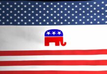 USA flag with GOP elephant symbol centered