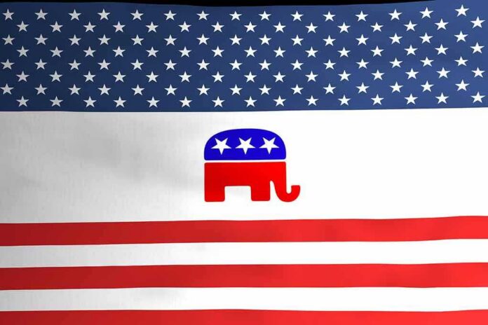 USA flag with GOP elephant symbol centered