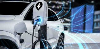 Electric car charging at a station
