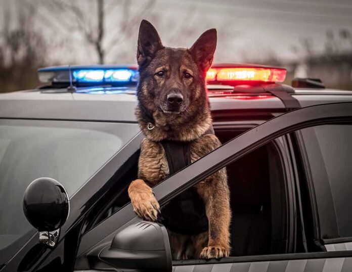 shutterstock_2104116728 Police dog leaning out of patrol car window