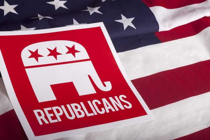 shutterstock_305852225 Republican elephant logo on an American flag