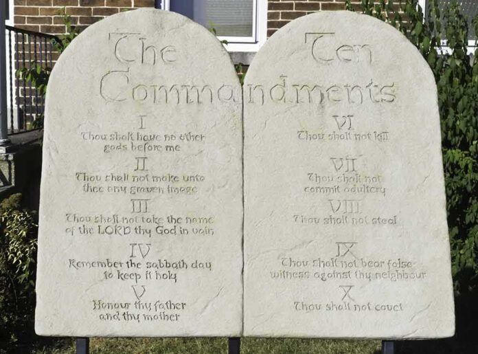 Stone tablets of the Ten Commandments outside a building