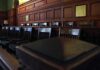 DA Yanks Death Penalty In Hollywood Double Murder Empty wooden jury box with numbered chairs