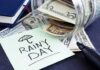 Rainy day savings jar spilling cash and note