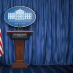 Sudden Split Rocks Trump’s Messaging Hub White House press briefing podium with U.S. flag and blue curtain