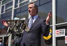 Government Off Button? California Moves Gavin Newsom speaks at a press conference with microphones outside a building