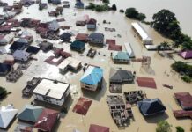 Aerial view of flooded residential neighborhood