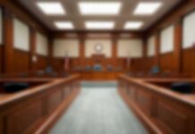 Empty courtroom with wooden benches and judge's bench