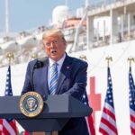 Bipartisan Slam: Impeachment Dies Fast Donald Trump speaking at a podium with American flags and a ship in the background