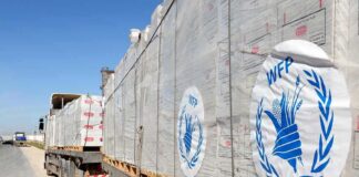 Humanitarian aid trucks loaded with palletized supplies