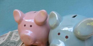 Pink and blue piggy banks with coins and dollar bills