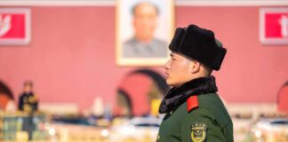 uniformed guard in green coat and fur hat standing in profile outdoors