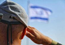 Soldier saluting with a blurred flag in the background